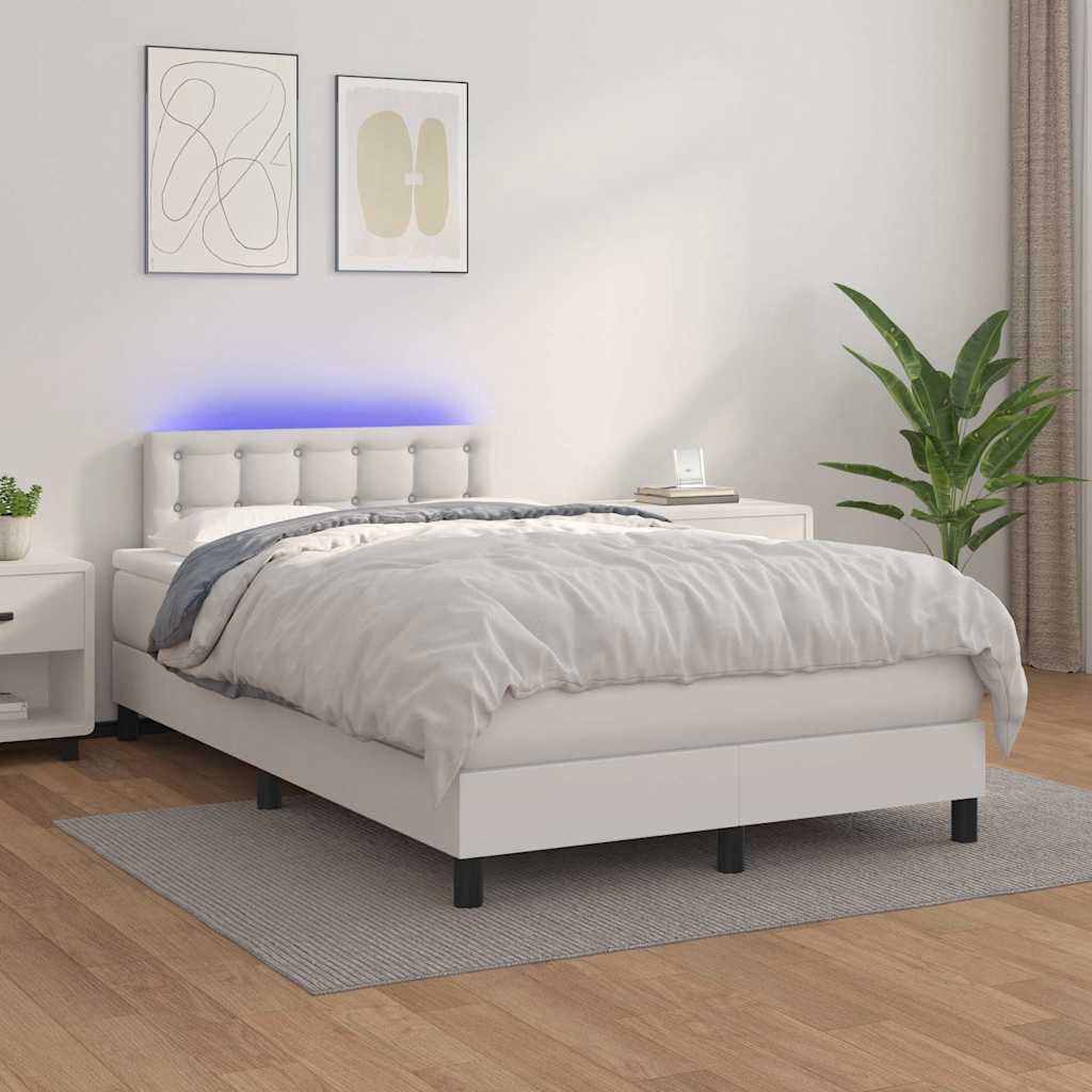 vidaXL Боксспринг легло с матрак и LED бяло 120x200 см изкуствена кожа
