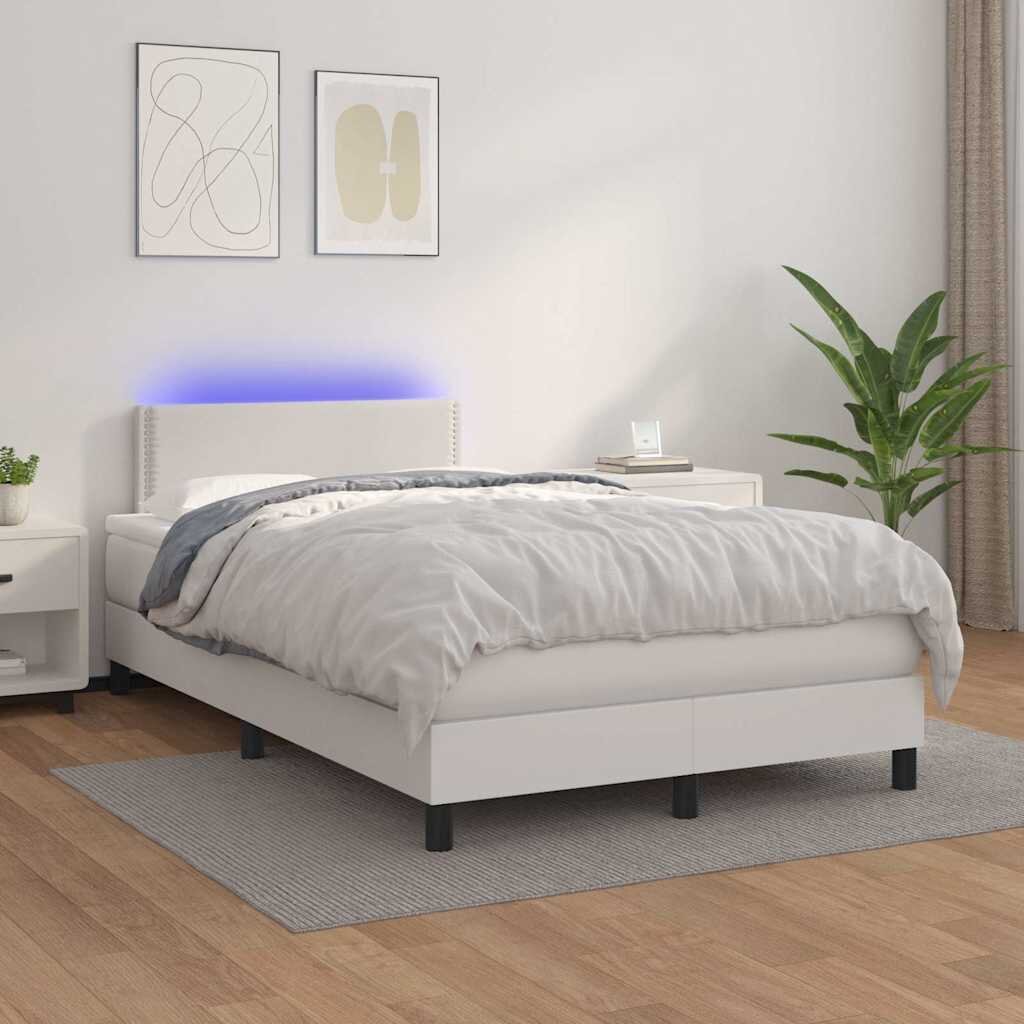vidaXL Боксспринг легло с матрак и LED бяло 120x200 см изкуствена кожа
