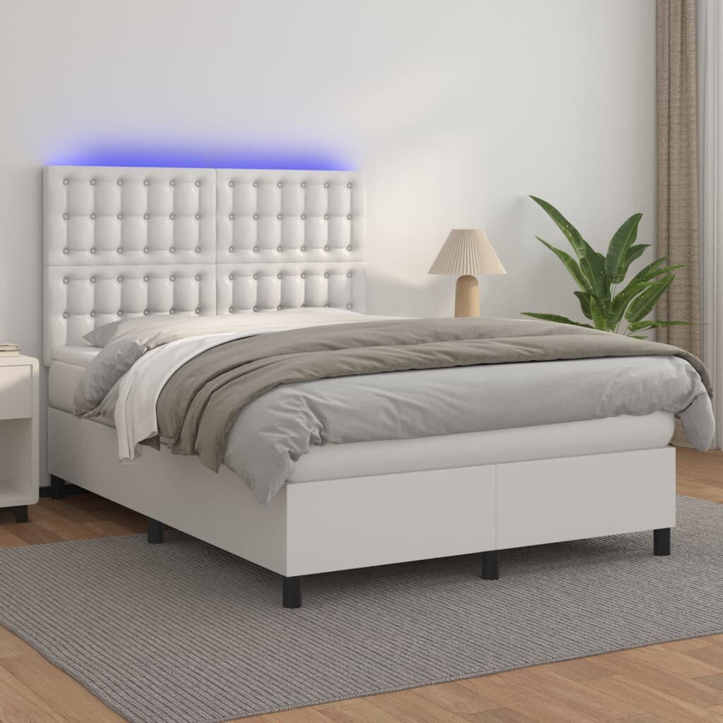 vidaXL Боксспринг легло с матрак и LED бяло 140x190 см изкуствена кожа