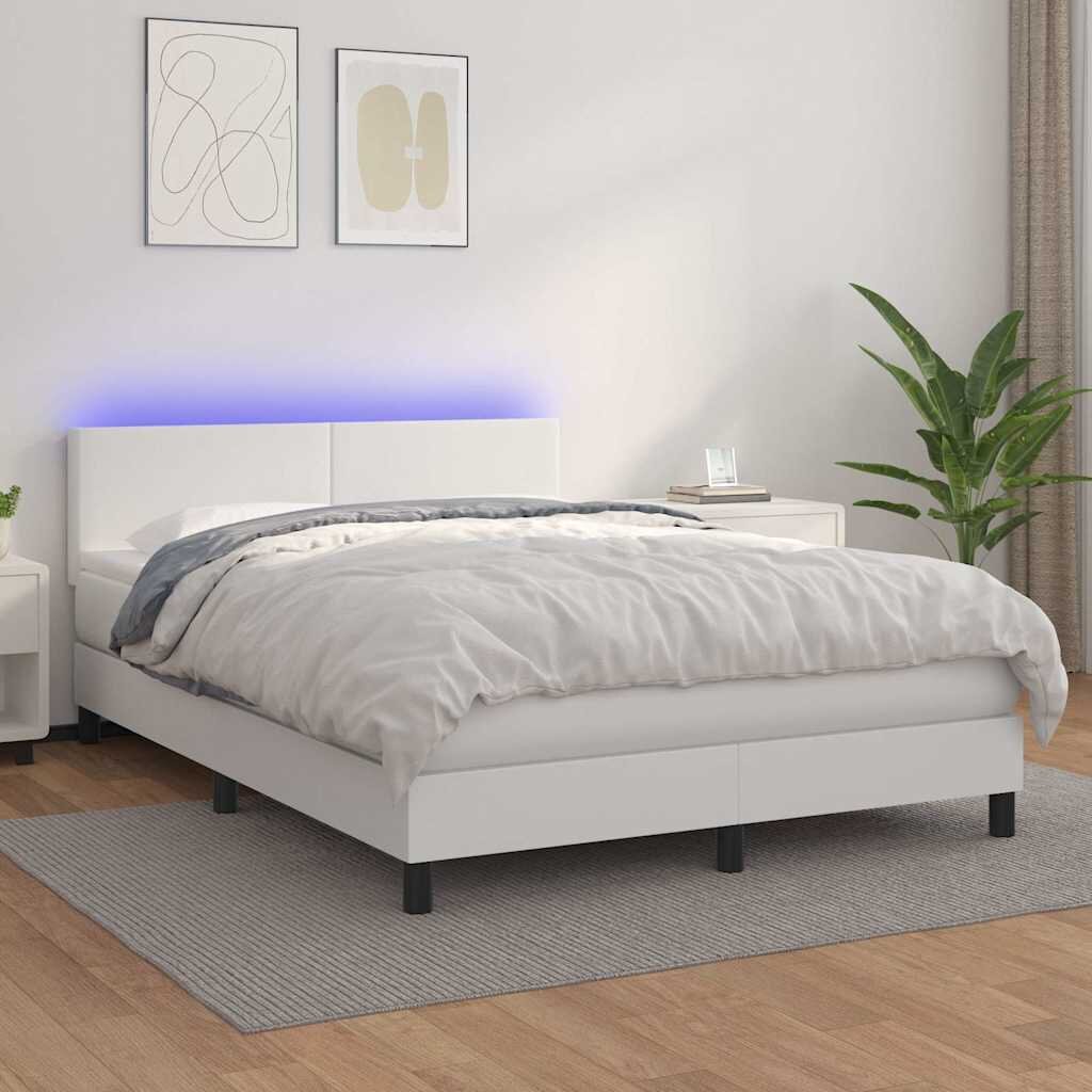 vidaXL Боксспринг легло с матрак и LED бяло 140x190 см изкуствена кожа