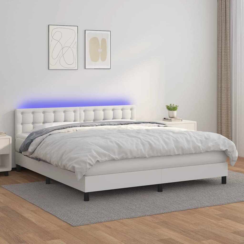 vidaXL Боксспринг легло с матрак и LED бяло 160x200 см изкуствена кожа