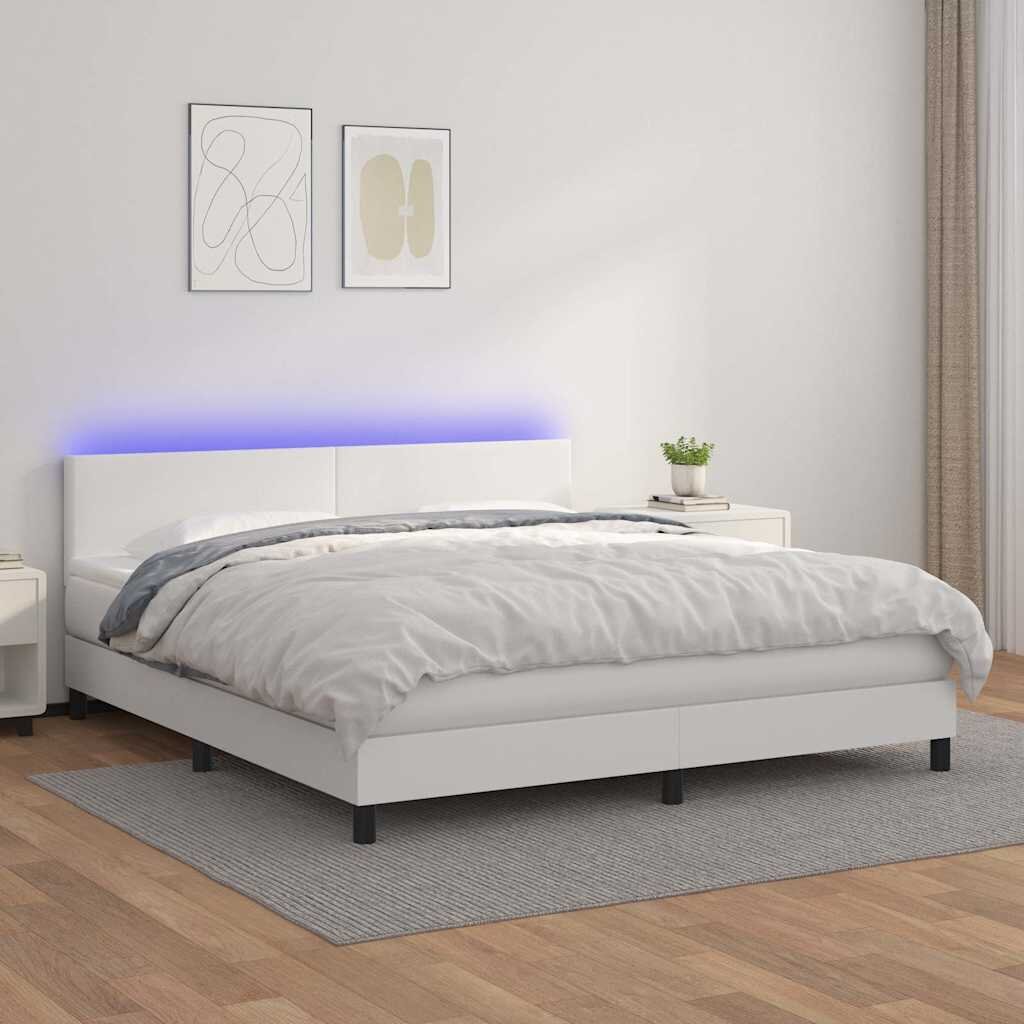 vidaXL Боксспринг легло с матрак и LED бяло 160x200 см изкуствена кожа