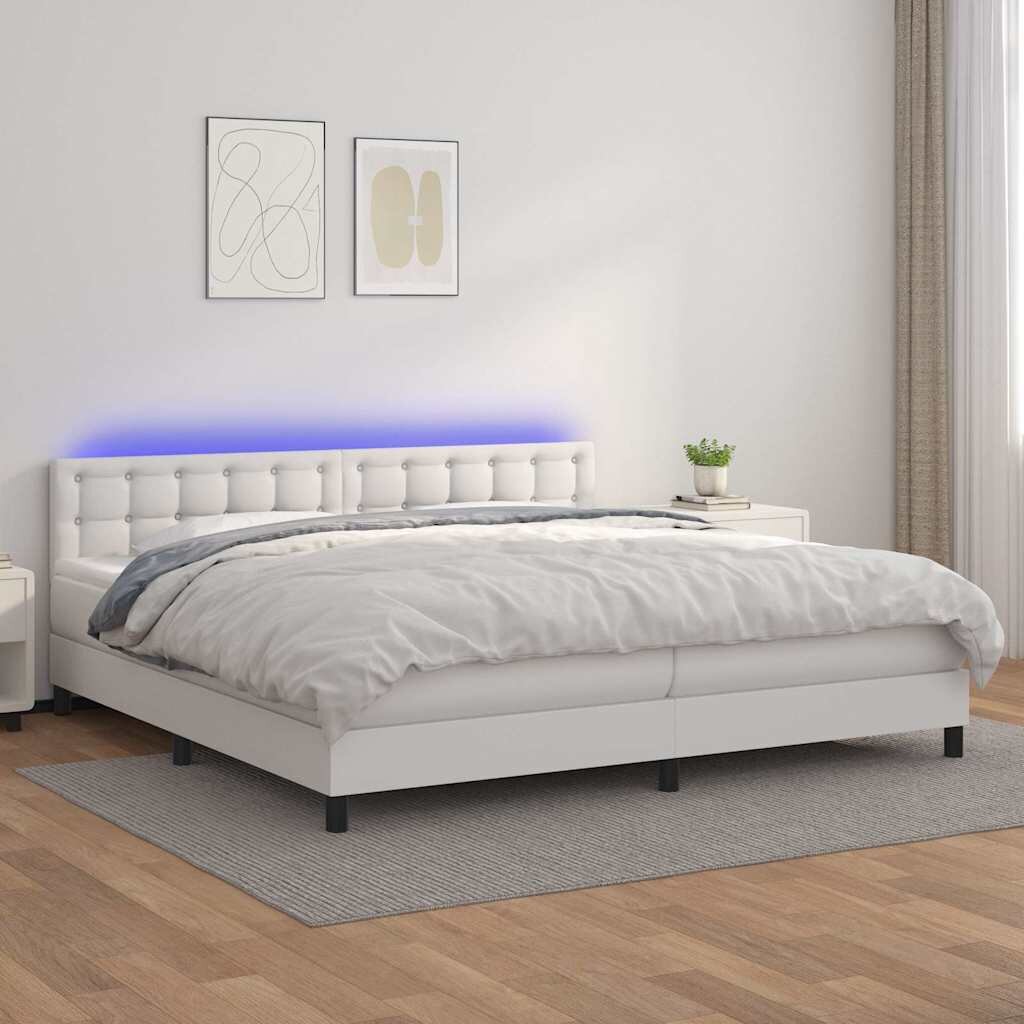 vidaXL Боксспринг легло с матрак и LED бяло 200x200 см изкуствена кожа