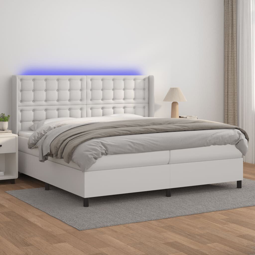 vidaXL Боксспринг легло с матрак и LED бяло 200x200 см изкуствена кожа