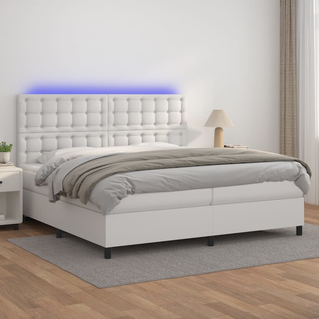 vidaXL Боксспринг легло с матрак и LED бяло 200x200 см изкуствена кожа