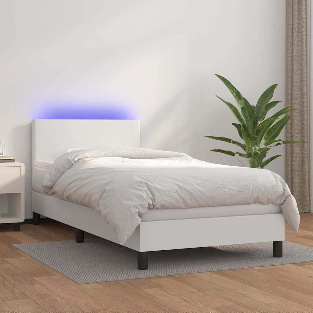 vidaXL Боксспринг легло с матрак и LED бяло 80x200 см изкуствена кожа