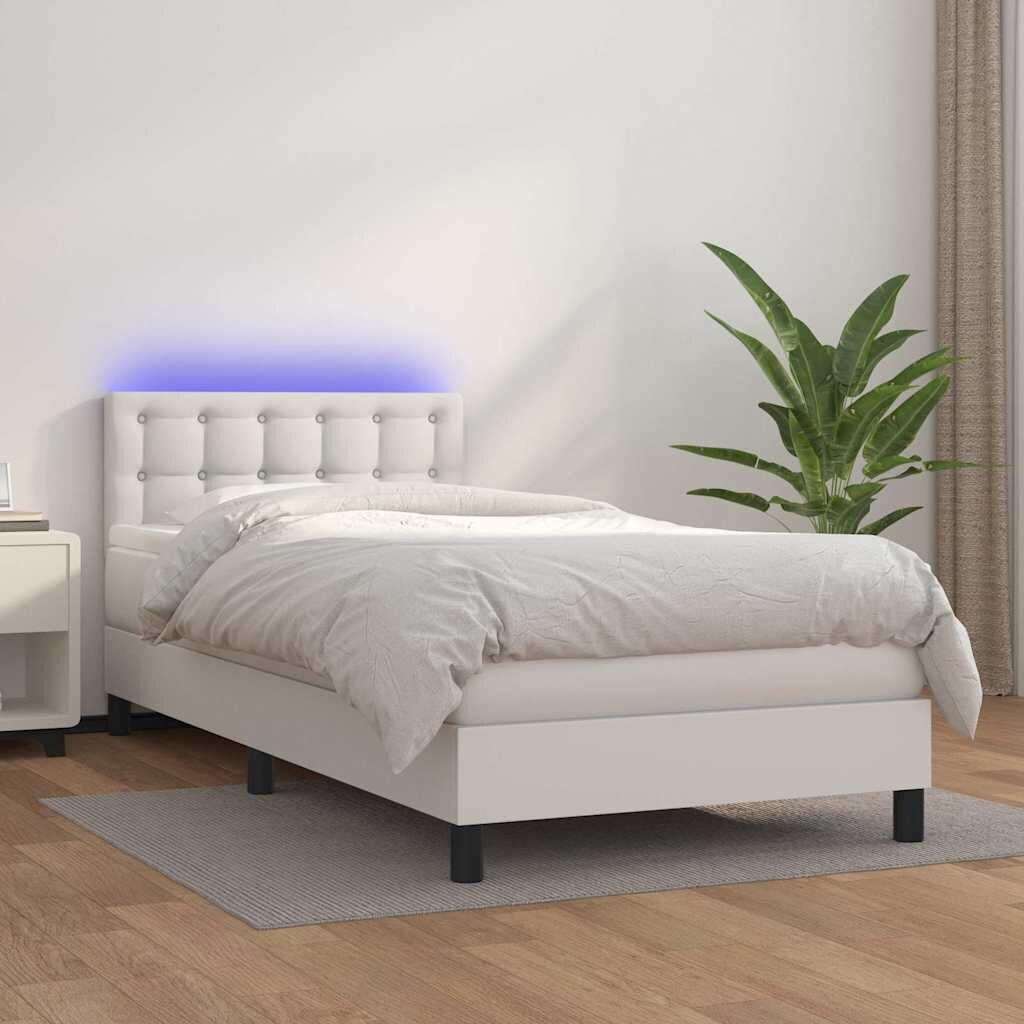 vidaXL Боксспринг легло с матрак и LED бяло 80x200 см изкуствена кожа