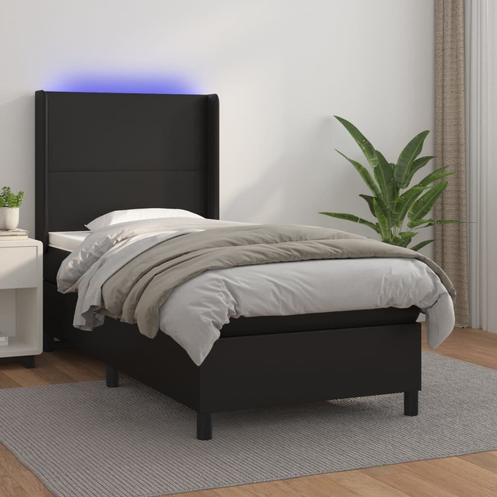 vidaXL Боксспринг легло с матрак и LED черно 100x200см изкуствена кожа