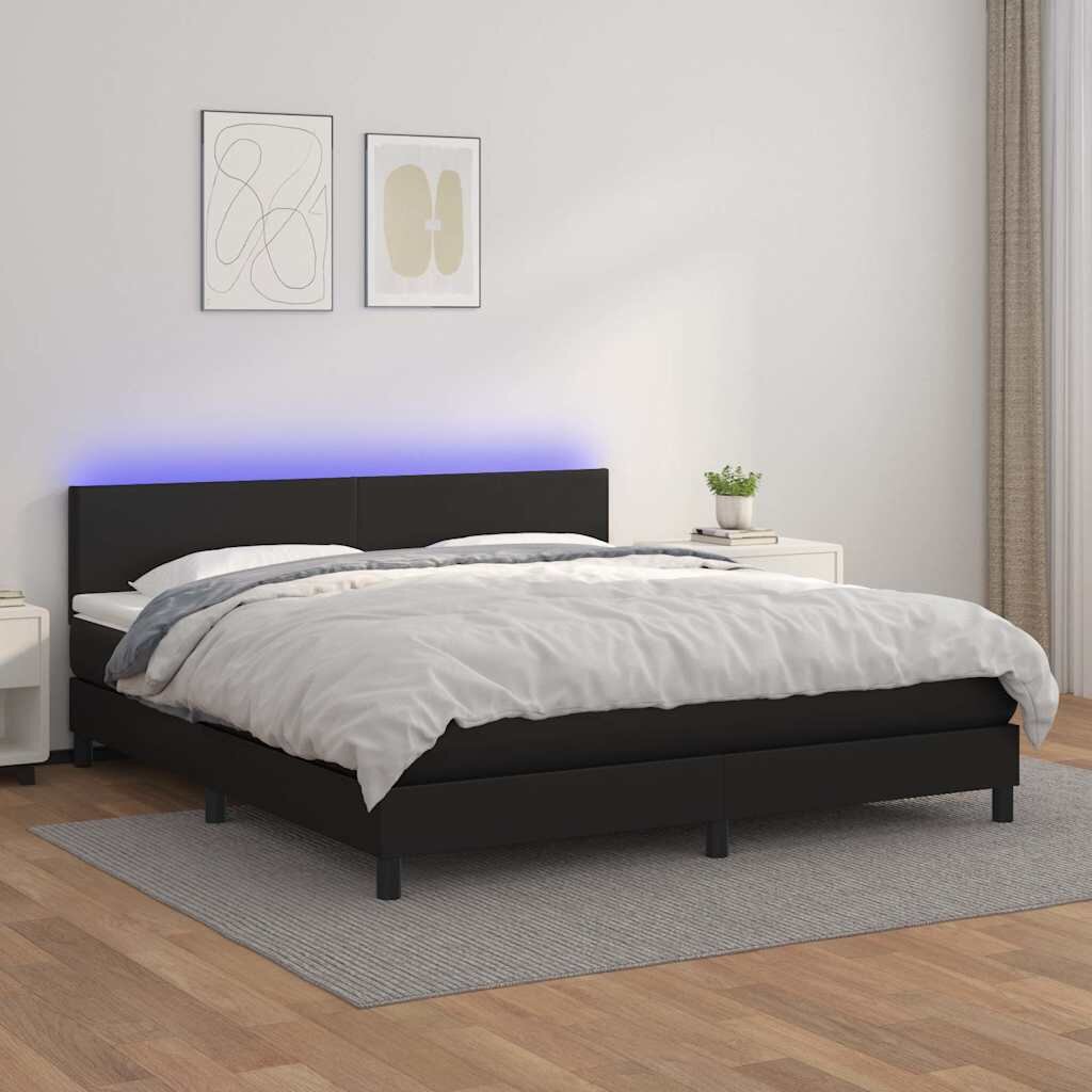 vidaXL Боксспринг легло с матрак и LED черно 160x200см изкуствена кожа