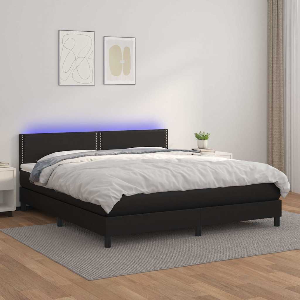 vidaXL Боксспринг легло с матрак и LED черно 180x200см изкуствена кожа