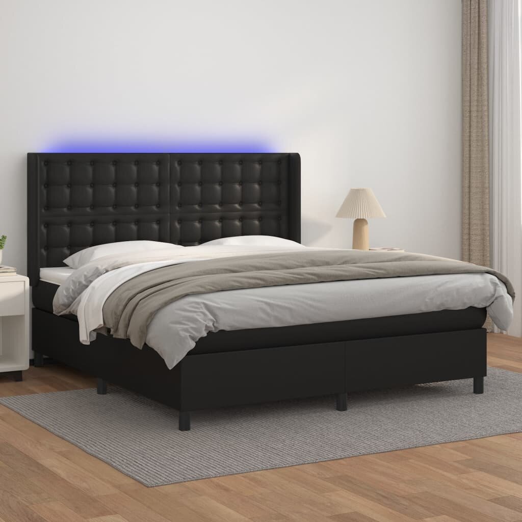 vidaXL Боксспринг легло с матрак и LED черно 180x200см изкуствена кожа