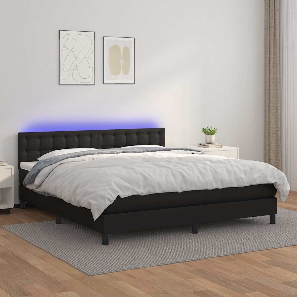 vidaXL Боксспринг легло с матрак и LED черно 180x200см изкуствена кожа