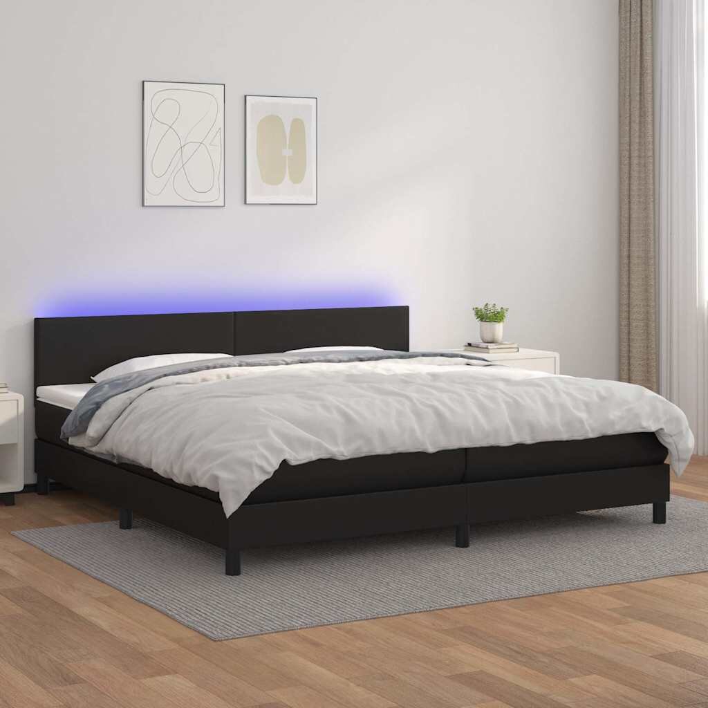 vidaXL Боксспринг легло с матрак и LED черно 200x200см изкуствена кожа