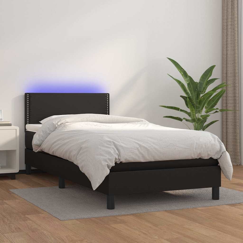 vidaXL Боксспринг легло с матрак и LED черно 90x200 см изкуствена кожа