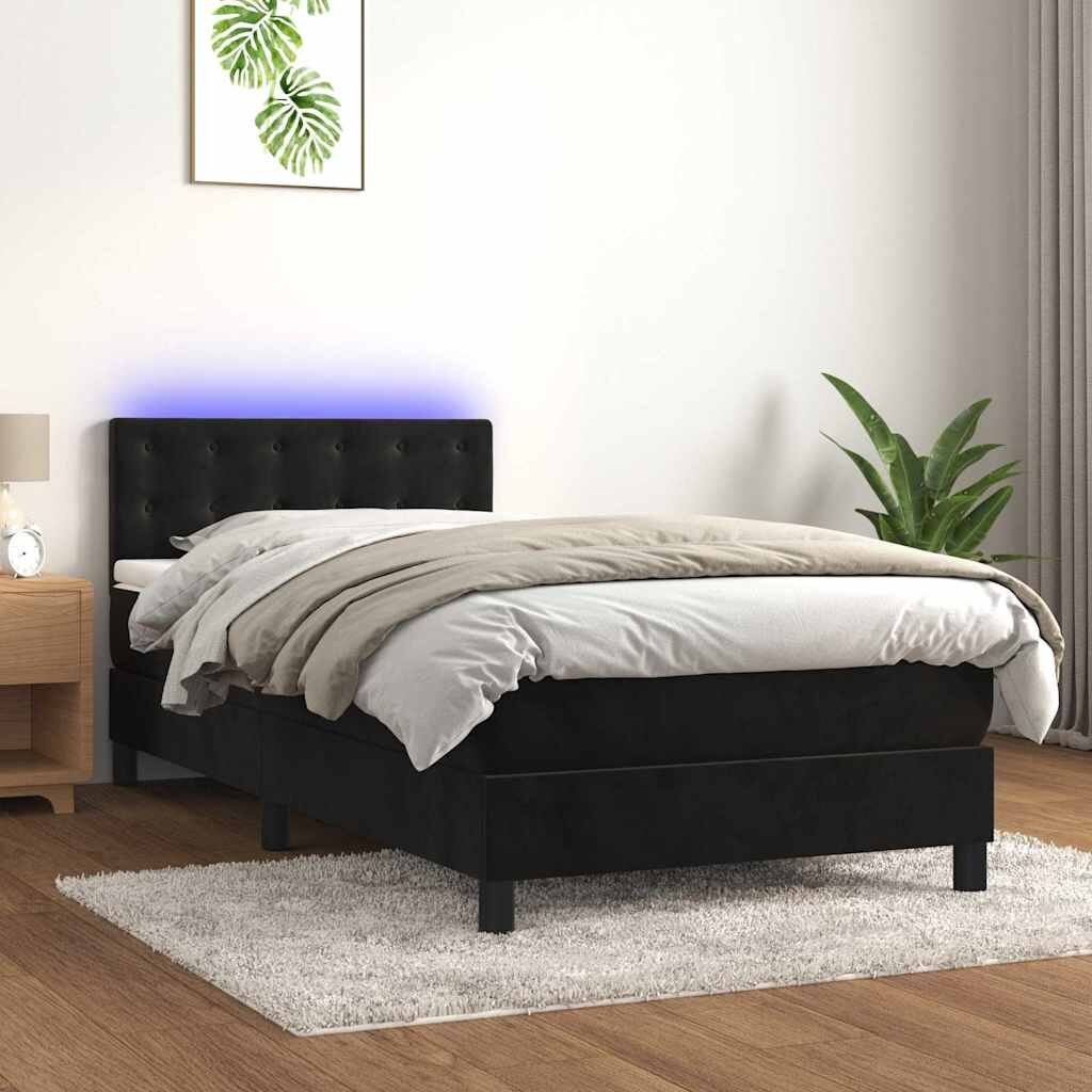 vidaXL Боксспринг легло с матрак и LED черно 90x200 см кадифе