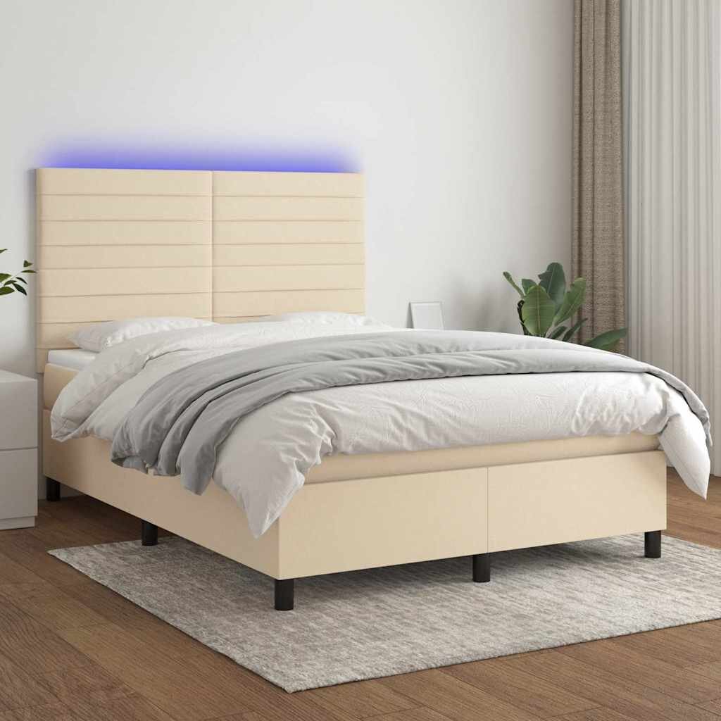 vidaXL Боксспринг легло с матрак и LED кремаво 140x190 см плат