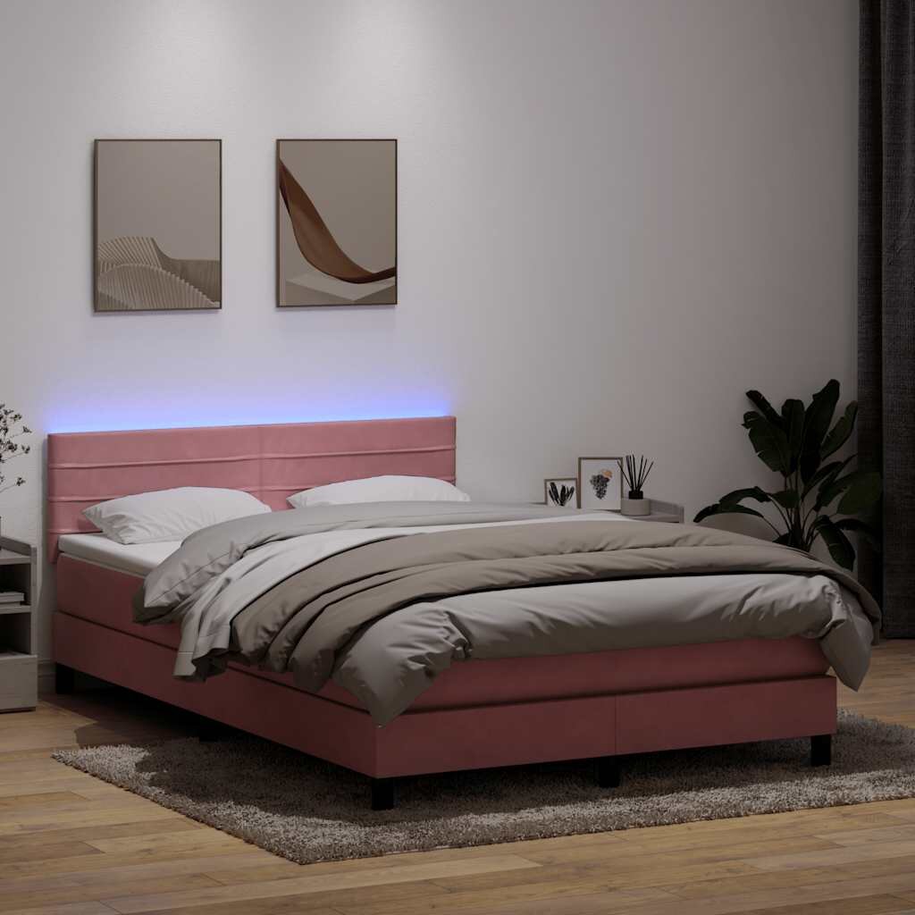 vidaXL Боксспринг легло с матрак и LED розова 140x210 см кадифе