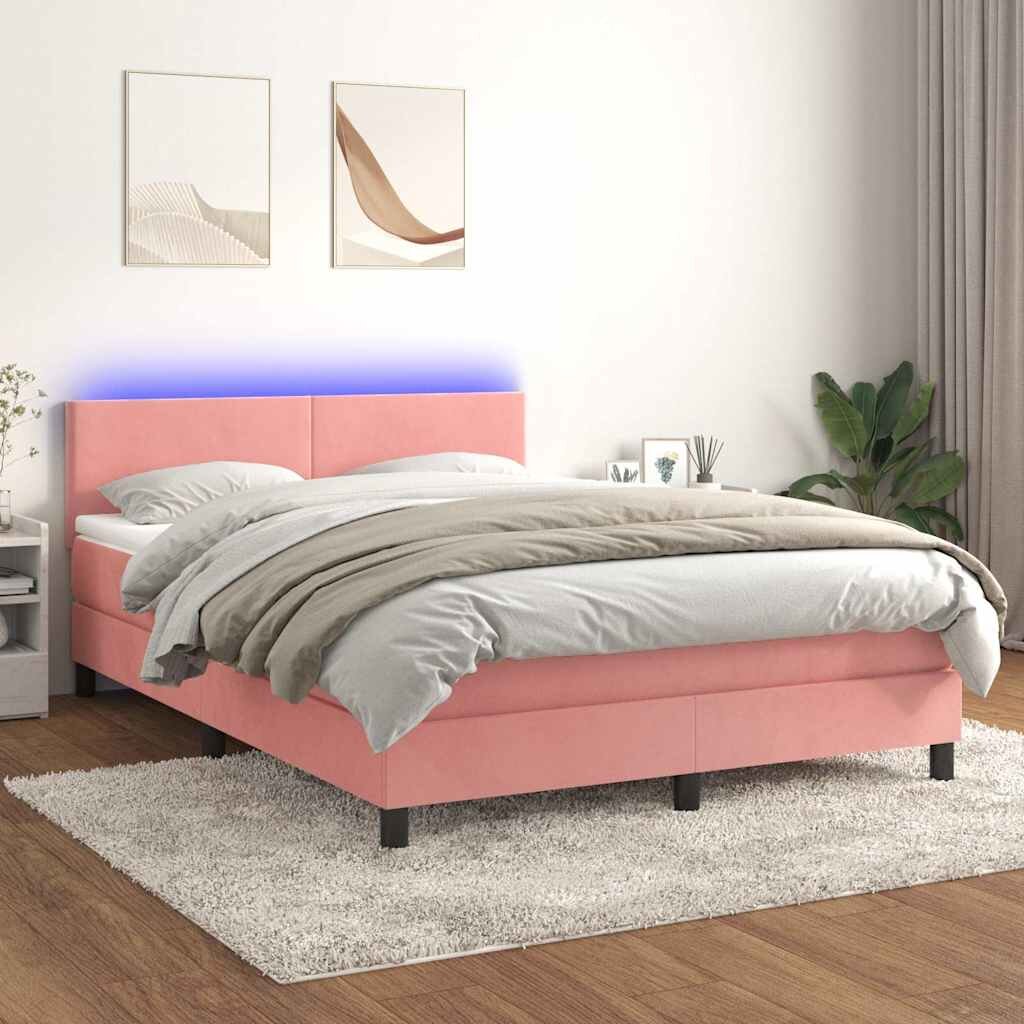 vidaXL Боксспринг легло с матрак и LED розово 140x190 см кадифе