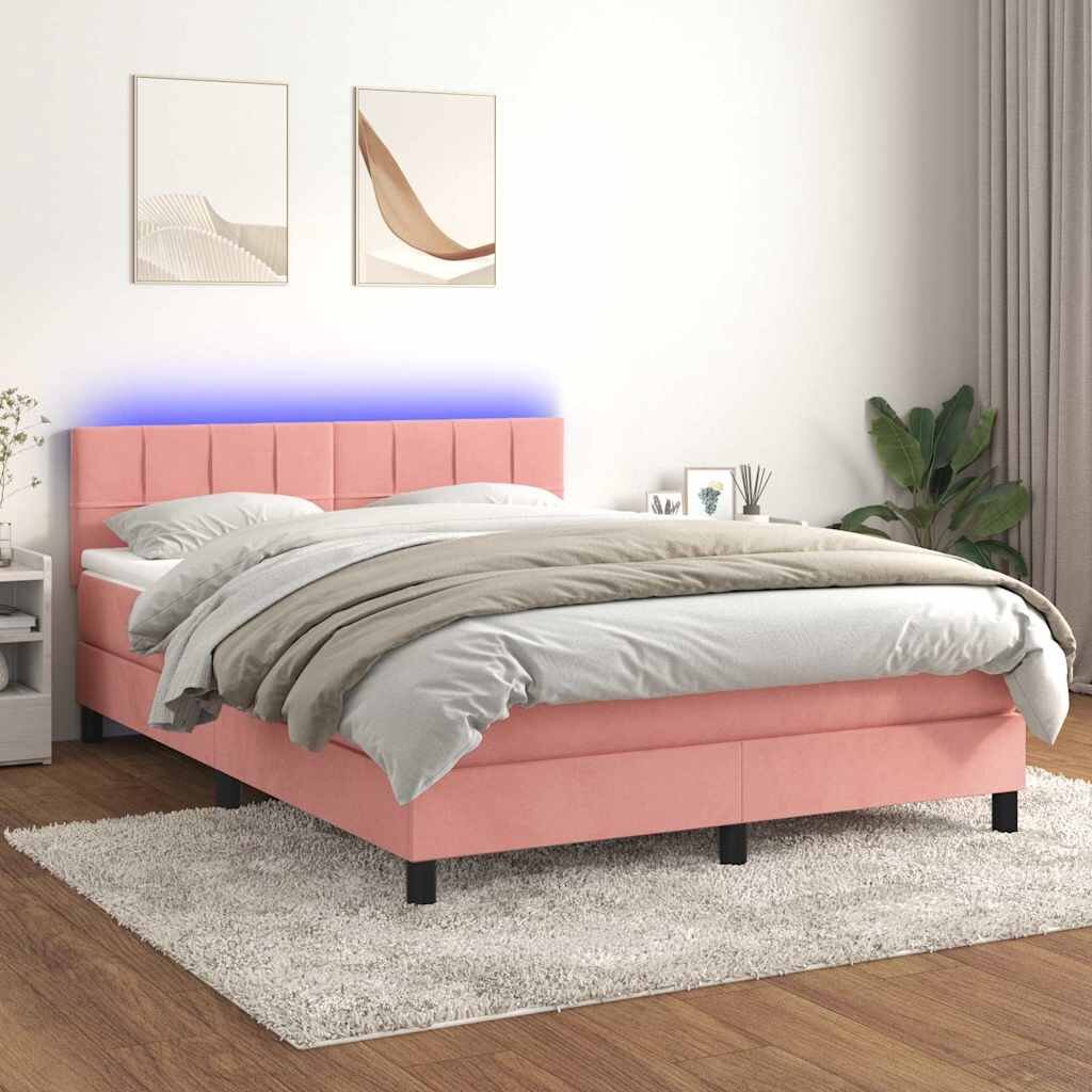 vidaXL Боксспринг легло с матрак и LED розово 140x200 см кадифе