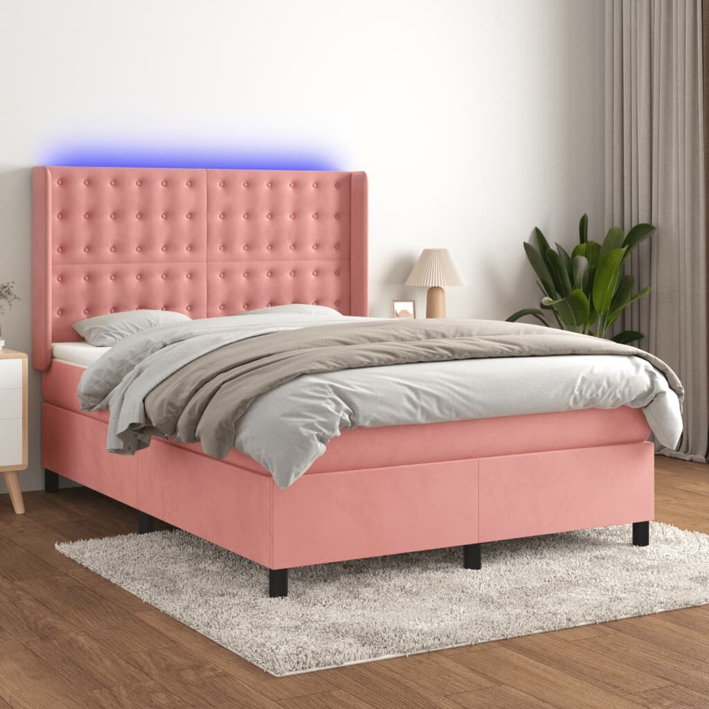 vidaXL Боксспринг легло с матрак и LED розово 140x200 см кадифе