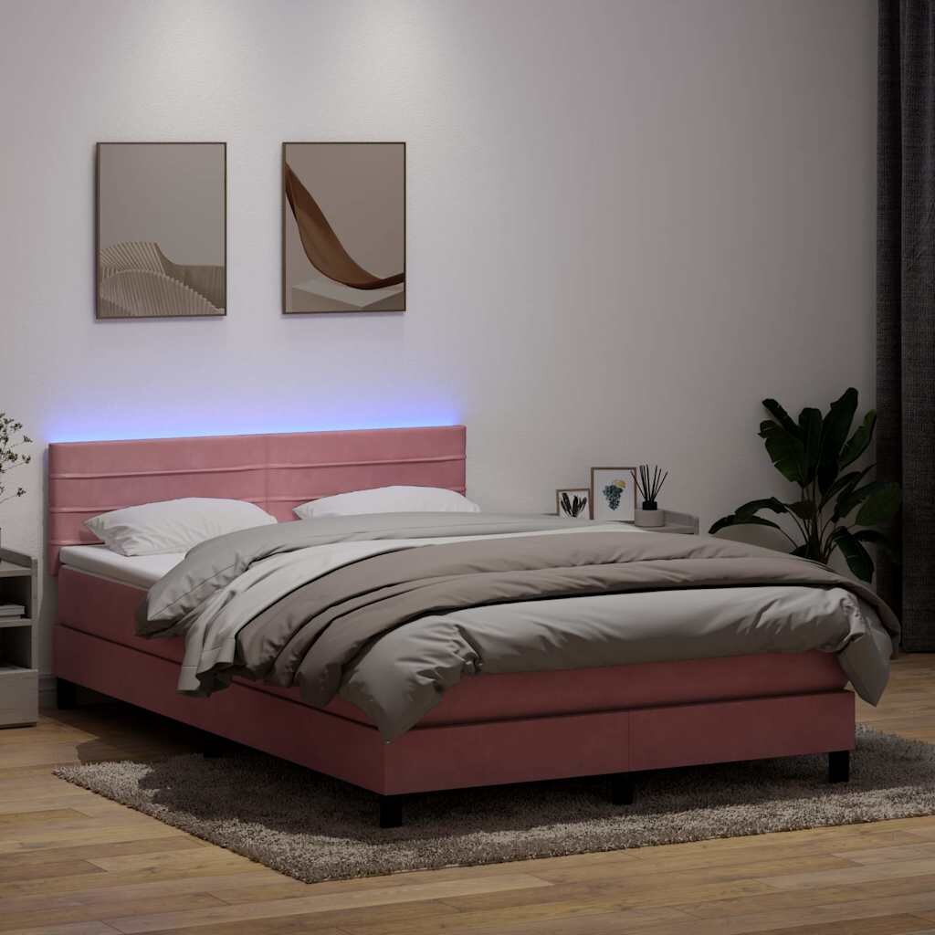 vidaXL Боксспринг легло с матрак и LED розово 140x220 см кадифе