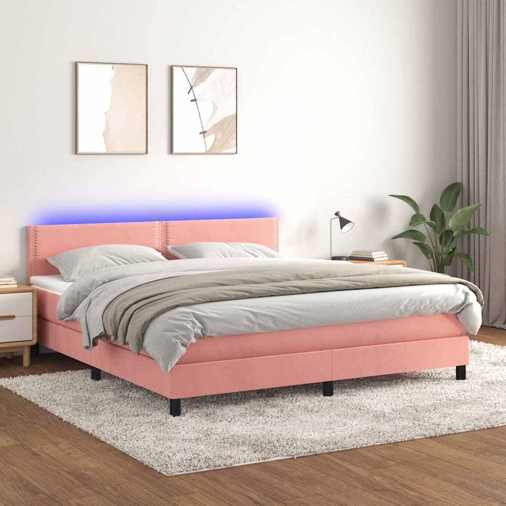 vidaXL Боксспринг легло с матрак и LED розово 160x200 см кадифе