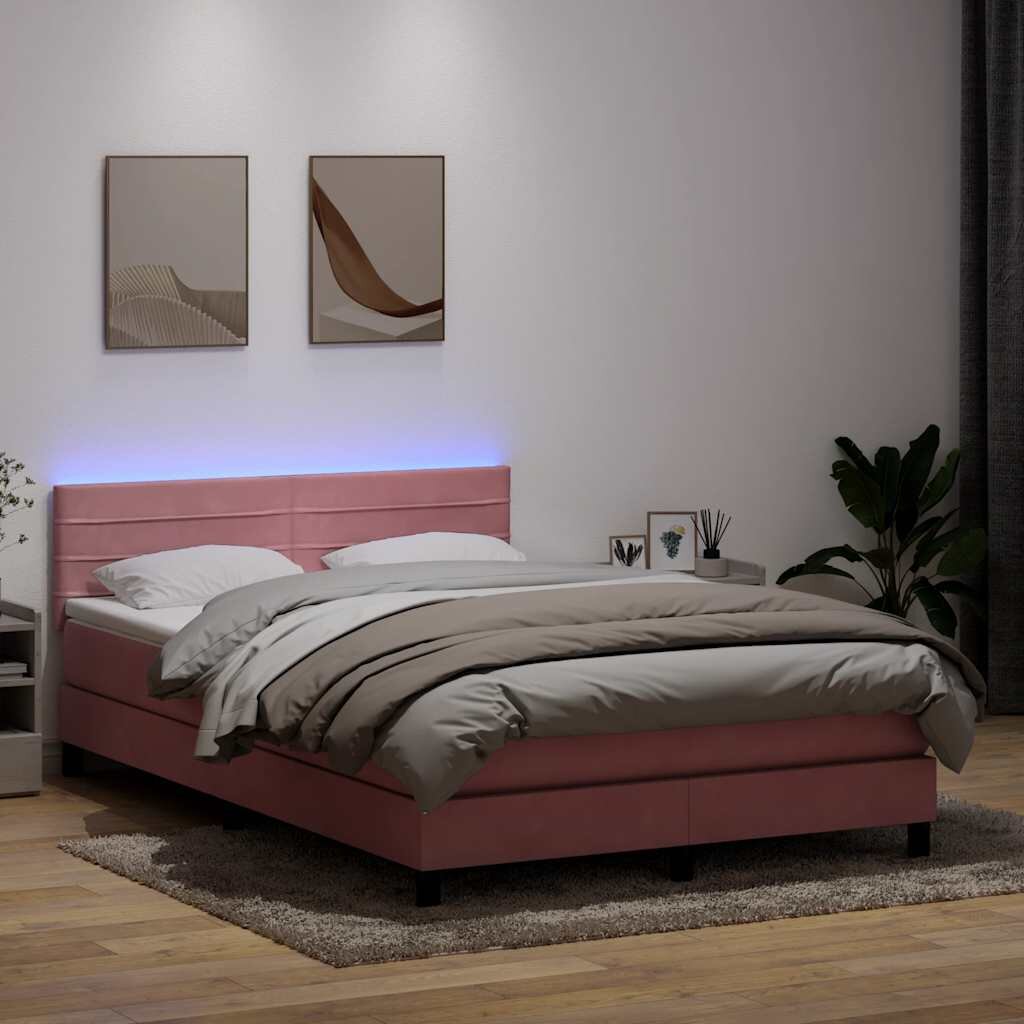 vidaXL Боксспринг легло с матрак и LED розово 160x210 см кадифе