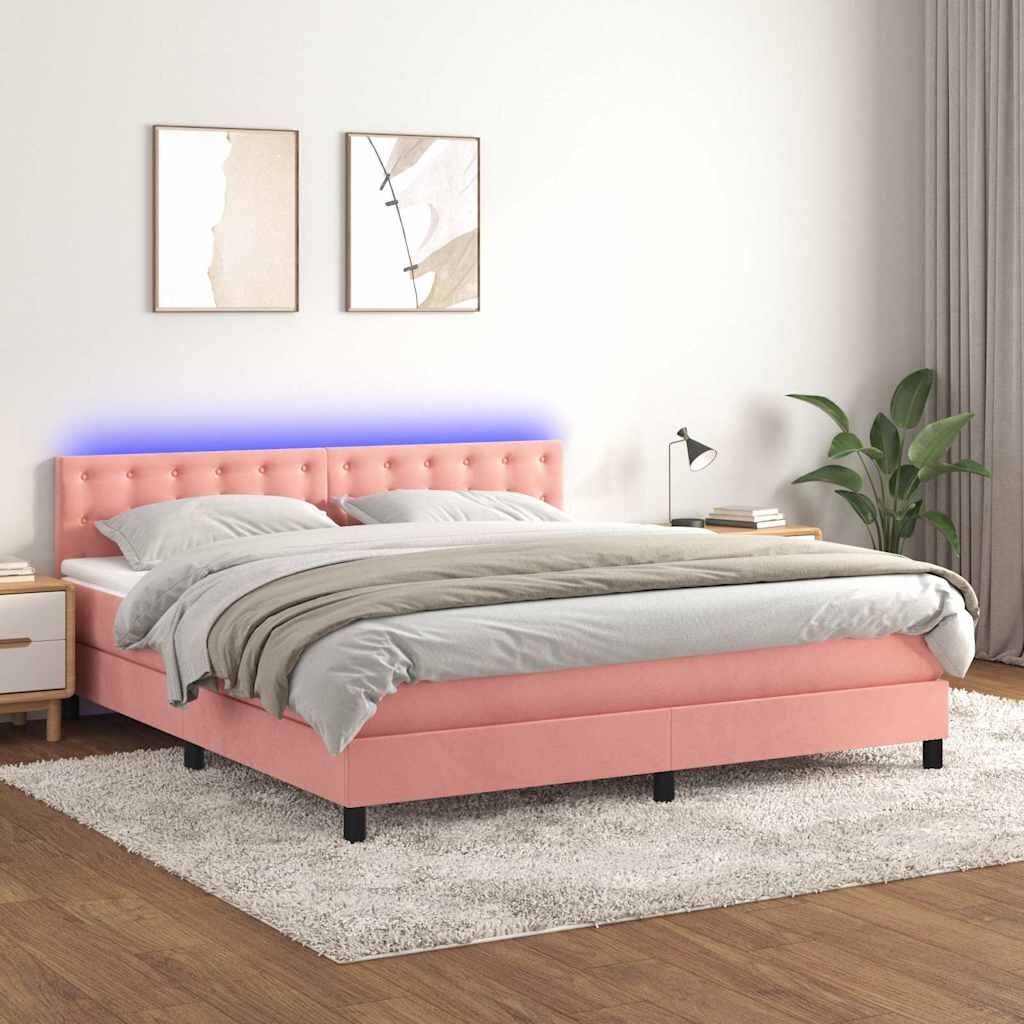 vidaXL Боксспринг легло с матрак и LED розово 180x200 см кадифе