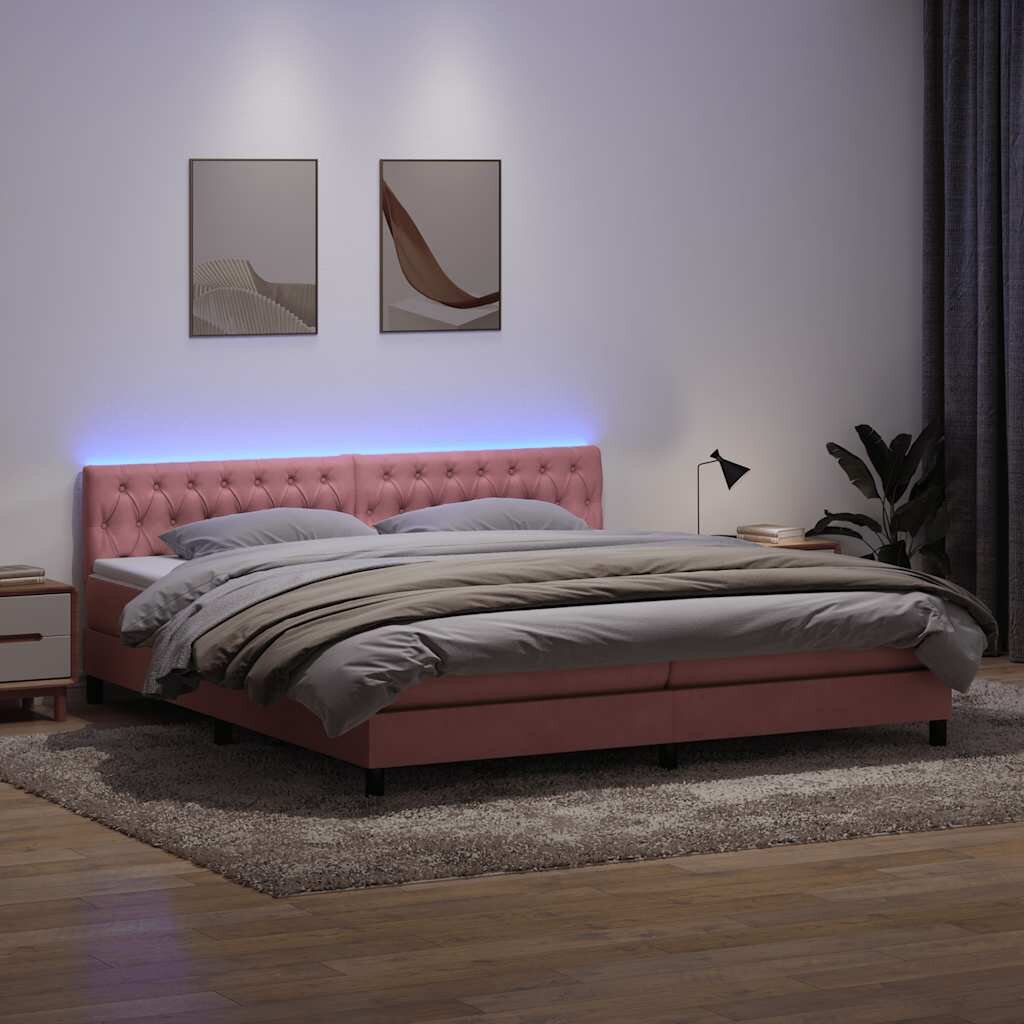 vidaXL Боксспринг легло с матрак и LED розово 180x210 cm кадифе