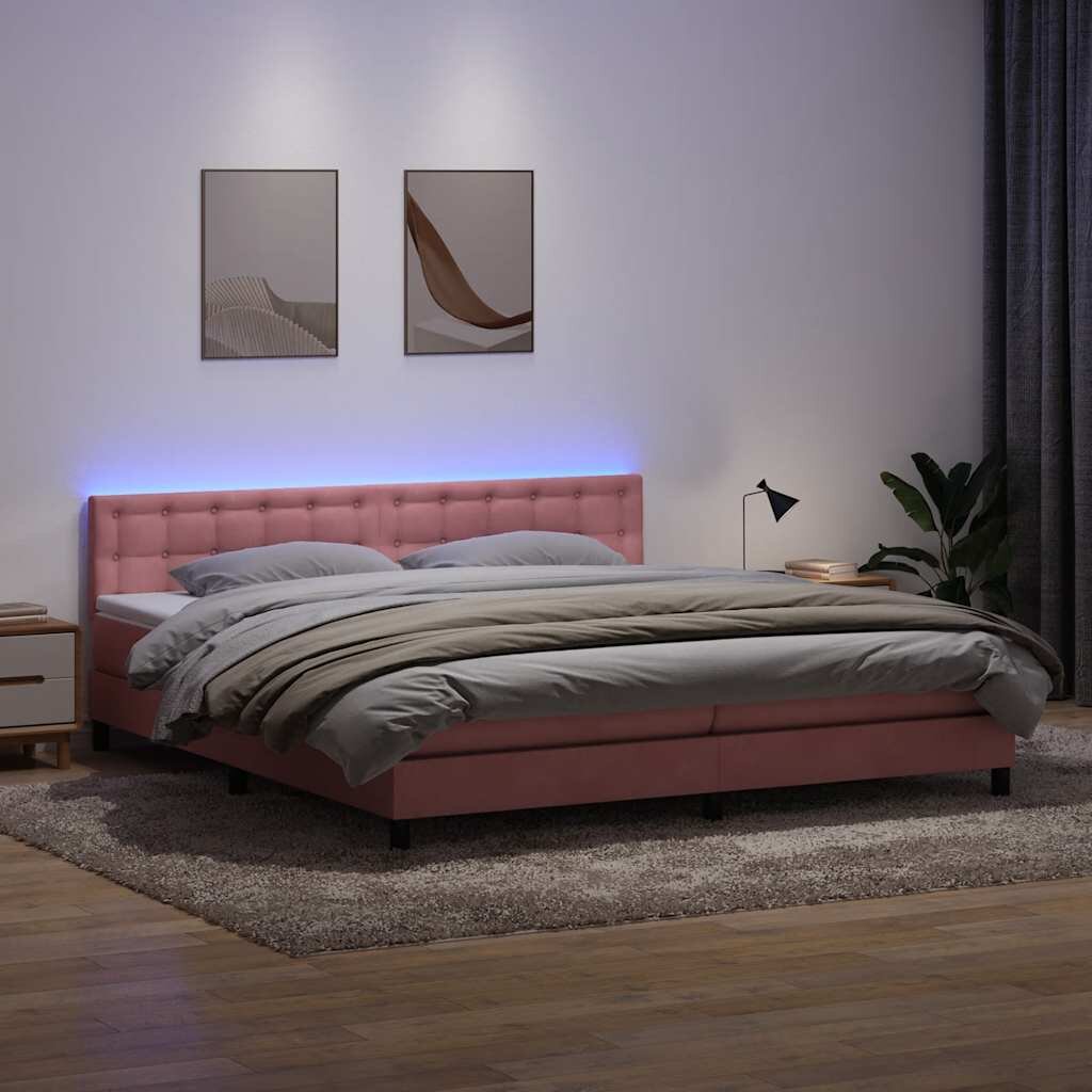 vidaXL Боксспринг легло с матрак и LED розово 180x210 cm кадифе