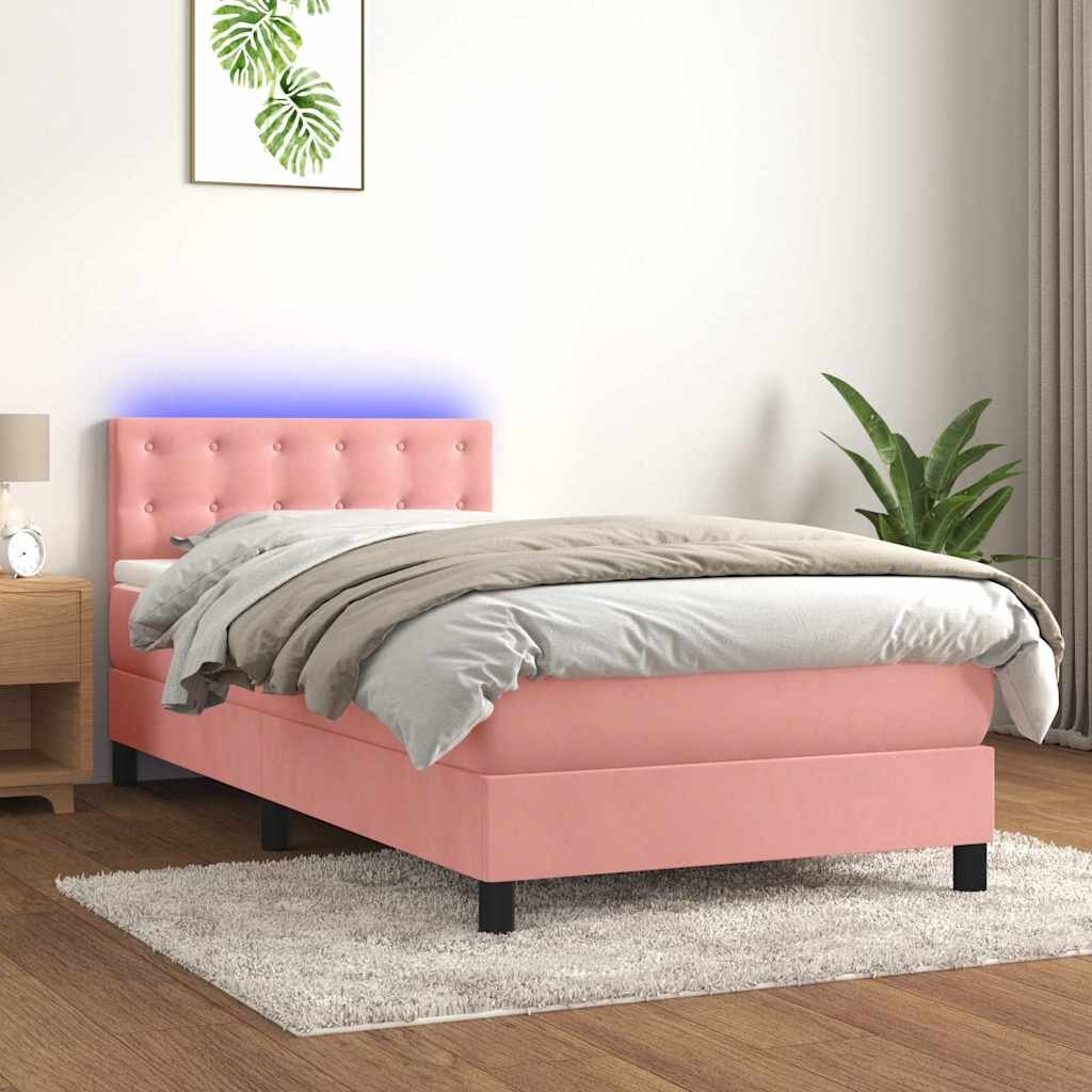vidaXL Боксспринг легло с матрак и LED розово 90x190 см кадифе