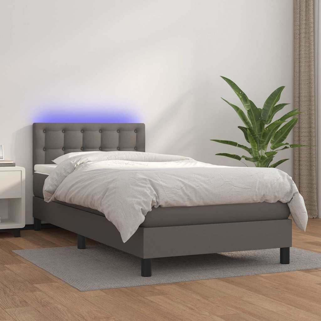 vidaXL Боксспринг легло с матрак и LED сиво 100x200 см изкуствена кожа