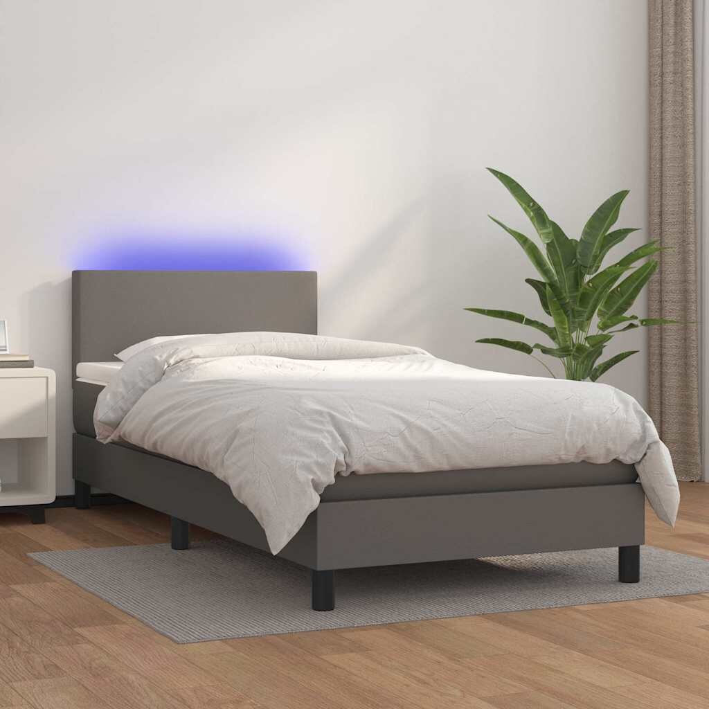 vidaXL Боксспринг легло с матрак и LED сиво 100x200 см изкуствена кожа