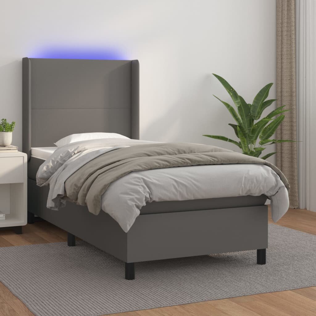 vidaXL Боксспринг легло с матрак и LED сиво 100x200 см изкуствена кожа
