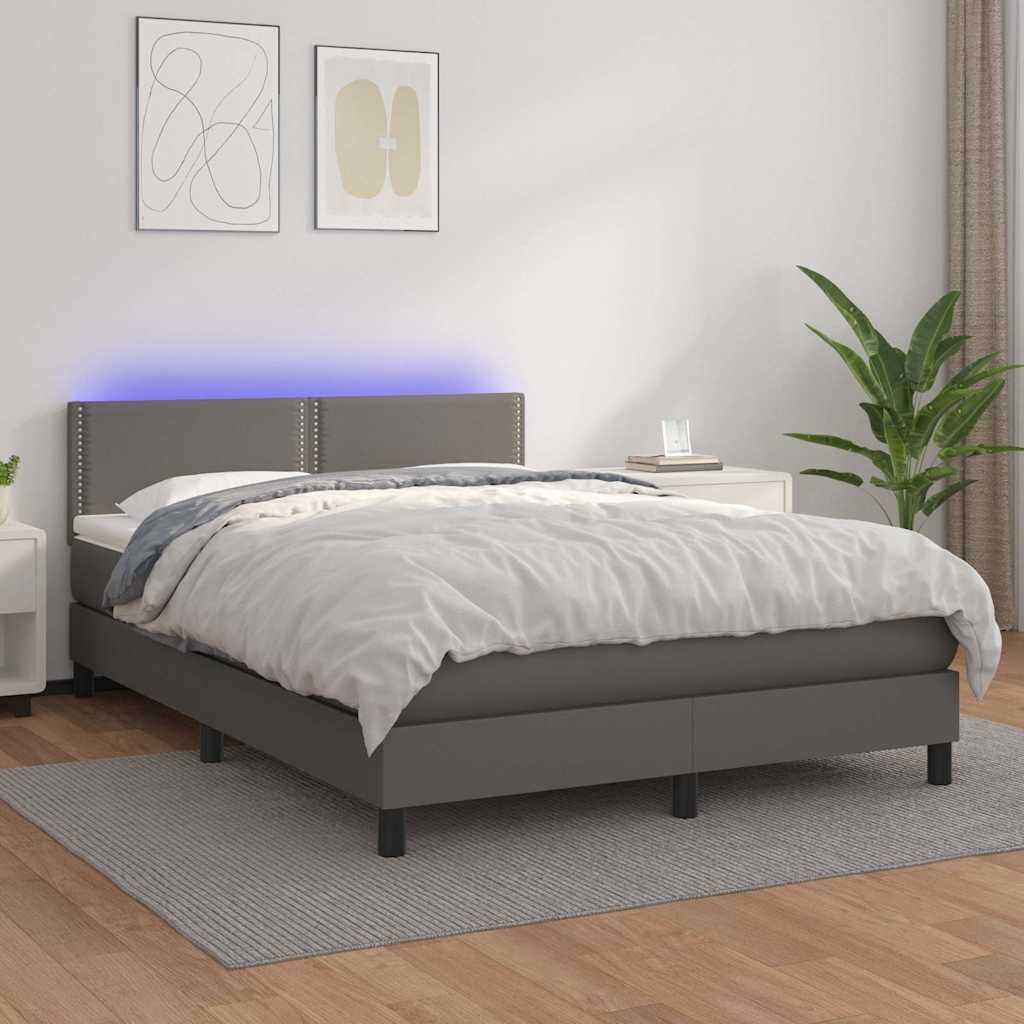vidaXL Боксспринг легло с матрак и LED сиво 140x190 см изкуствена кожа