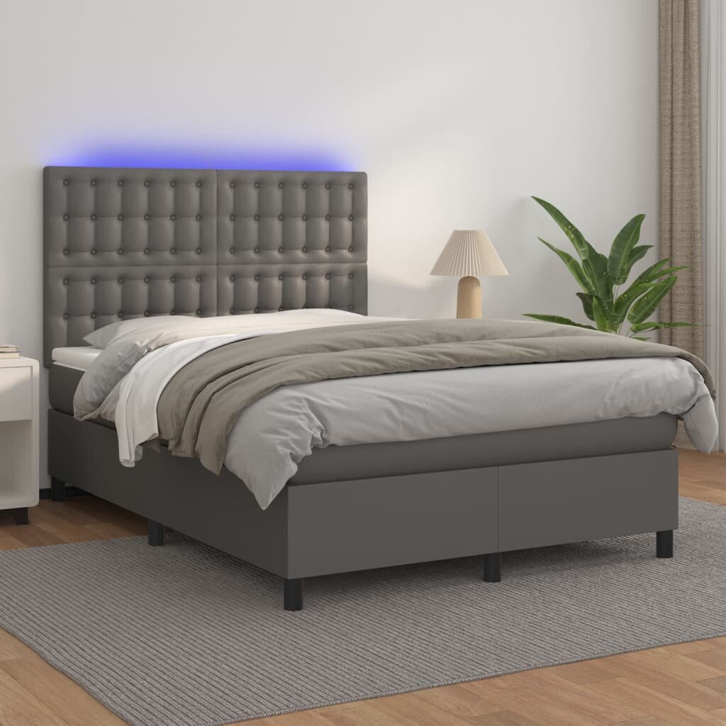 vidaXL Боксспринг легло с матрак и LED сиво 140x200 см изкуствена кожа
