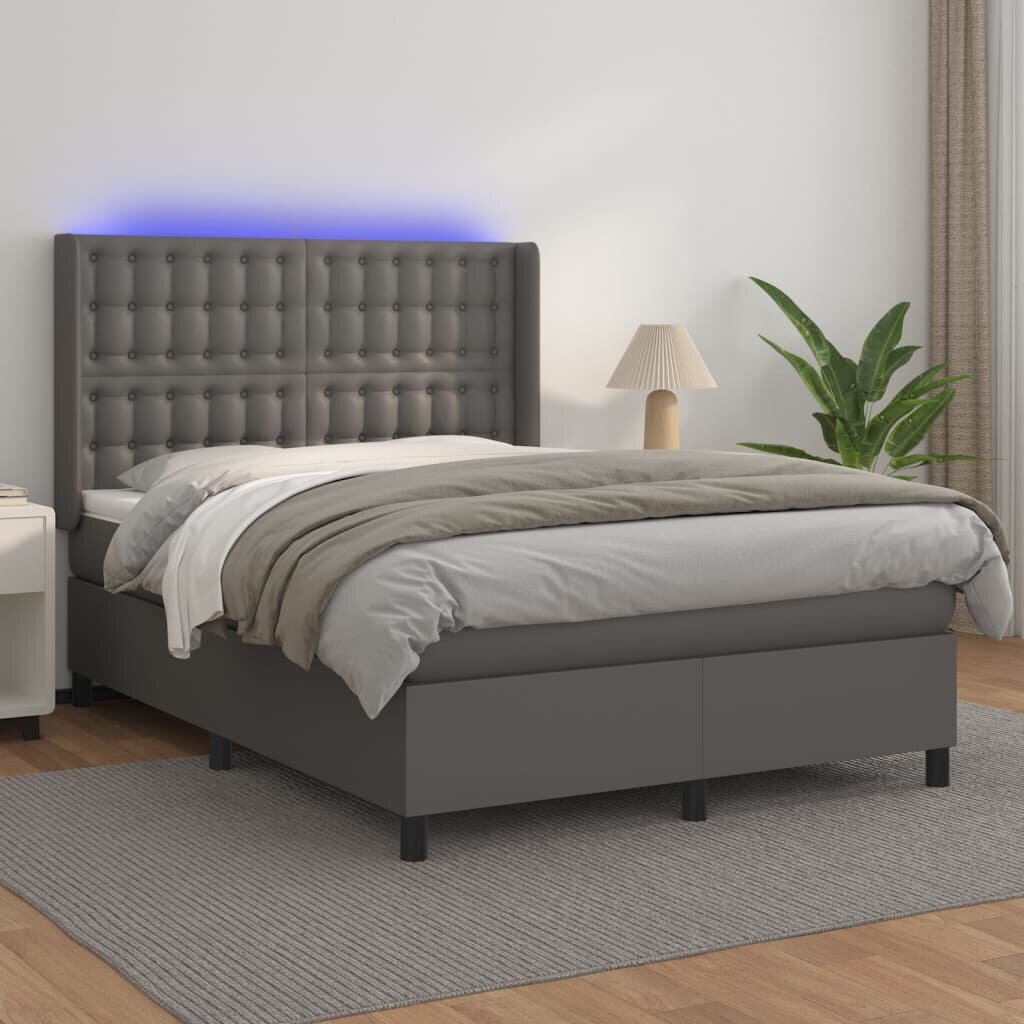 vidaXL Боксспринг легло с матрак и LED сиво 140x200 см изкуствена кожа