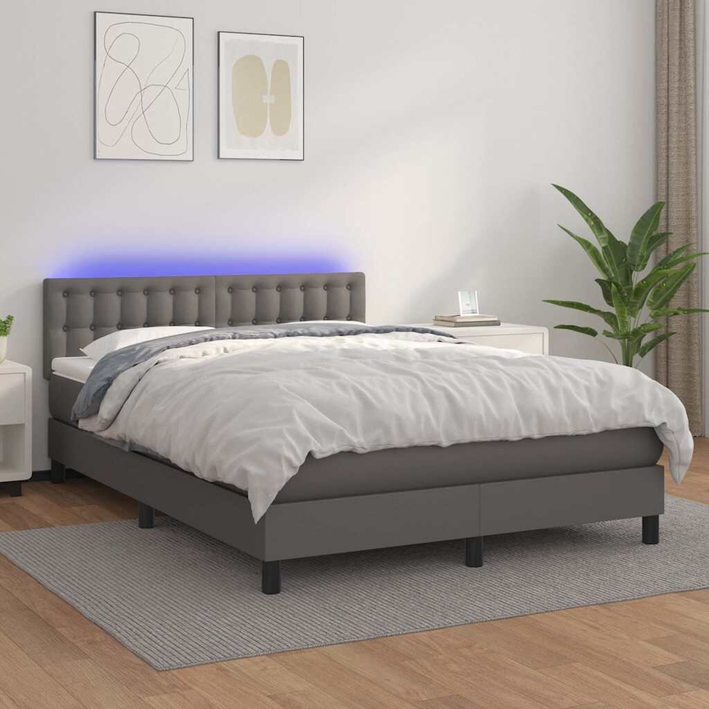 vidaXL Боксспринг легло с матрак и LED сиво 140x200 см изкуствена кожа