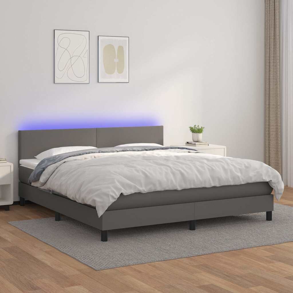 vidaXL Боксспринг легло с матрак и LED сиво 180x200 см изкуствена кожа