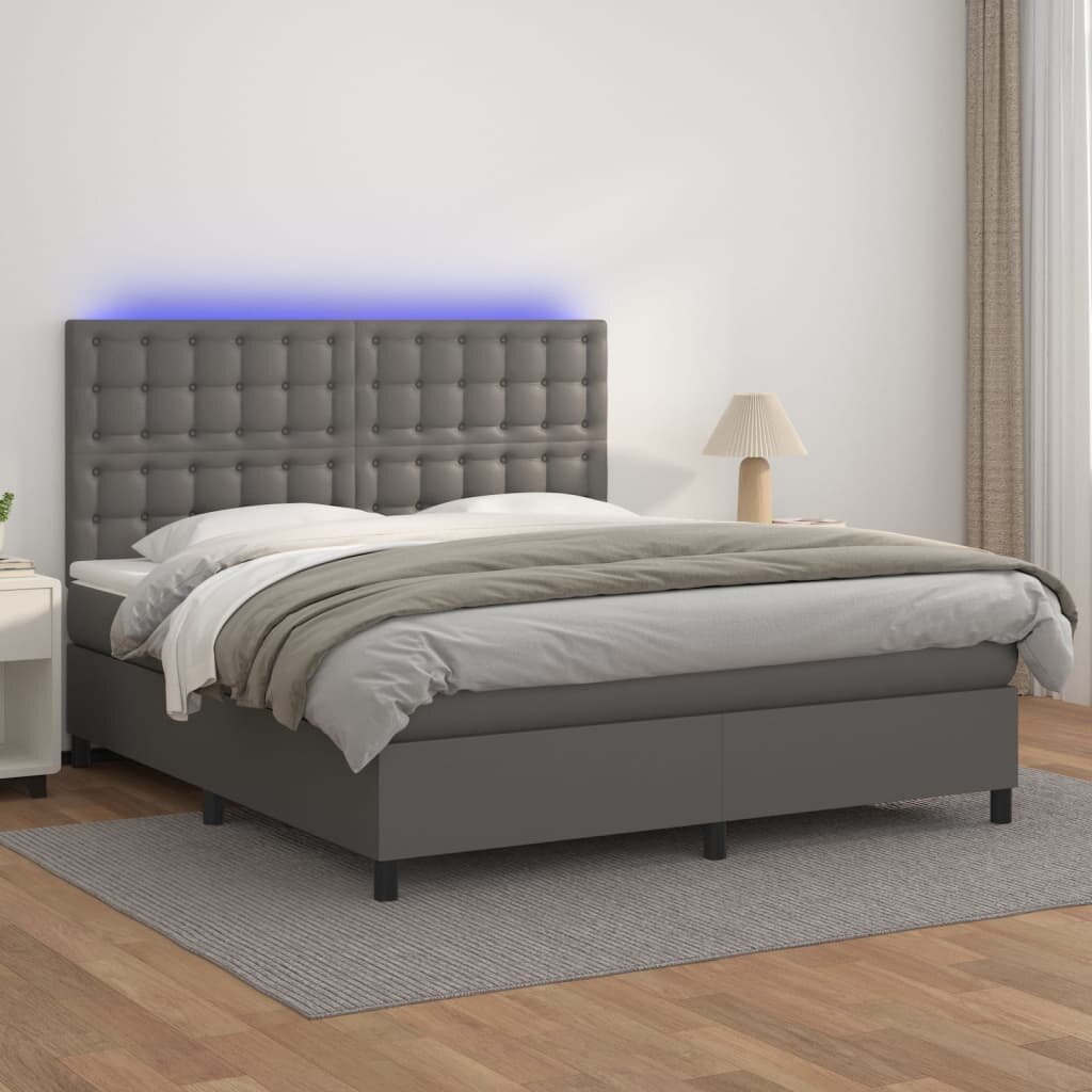 vidaXL Боксспринг легло с матрак и LED сиво 180x200 см изкуствена кожа