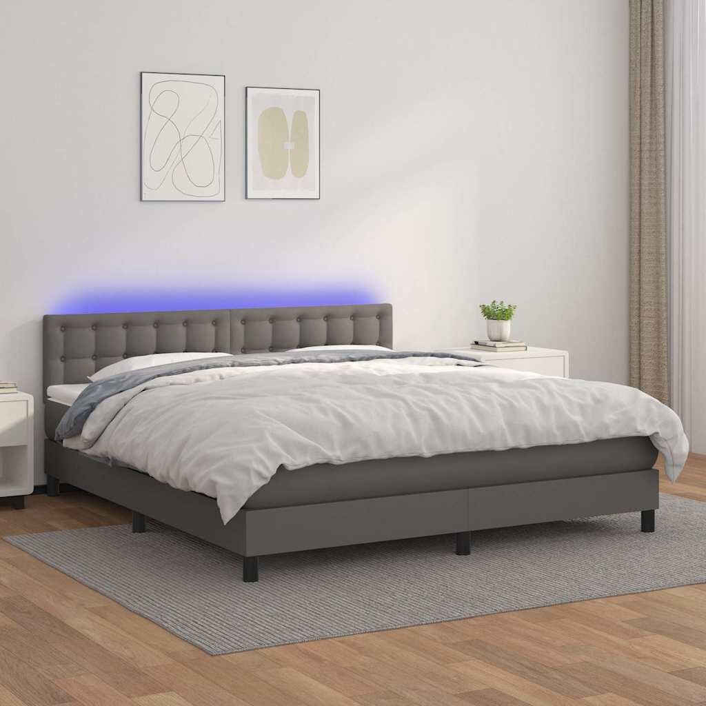 vidaXL Боксспринг легло с матрак и LED сиво 180x200 см изкуствена кожа