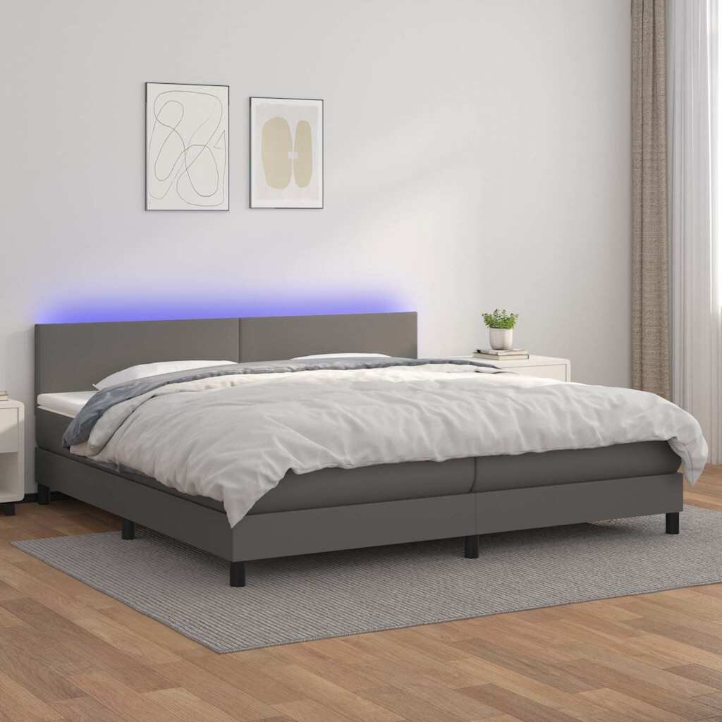 vidaXL Боксспринг легло с матрак и LED сиво 200x200 см изкуствена кожа