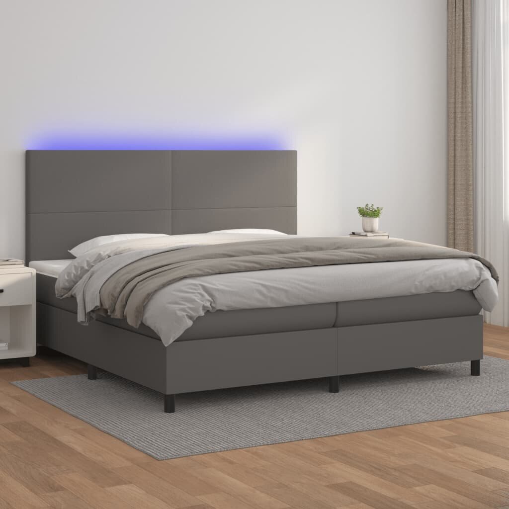 vidaXL Боксспринг легло с матрак и LED сиво 200x200 см изкуствена кожа