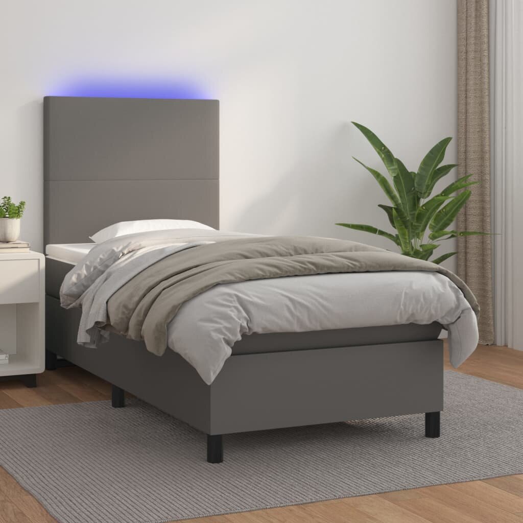 vidaXL Боксспринг легло с матрак и LED сиво 80x200 см изкуствена кожа