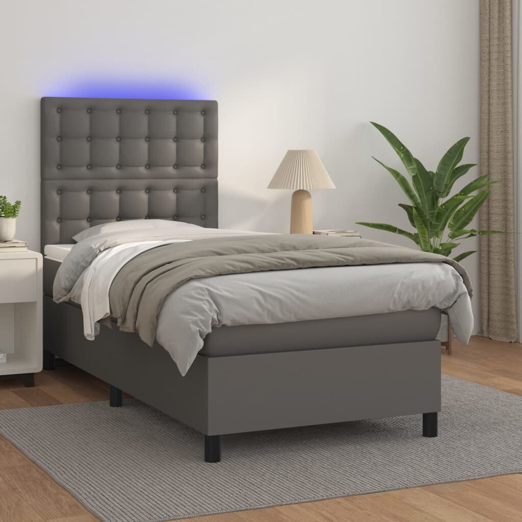 vidaXL Боксспринг легло с матрак и LED сиво 80x200 см изкуствена кожа