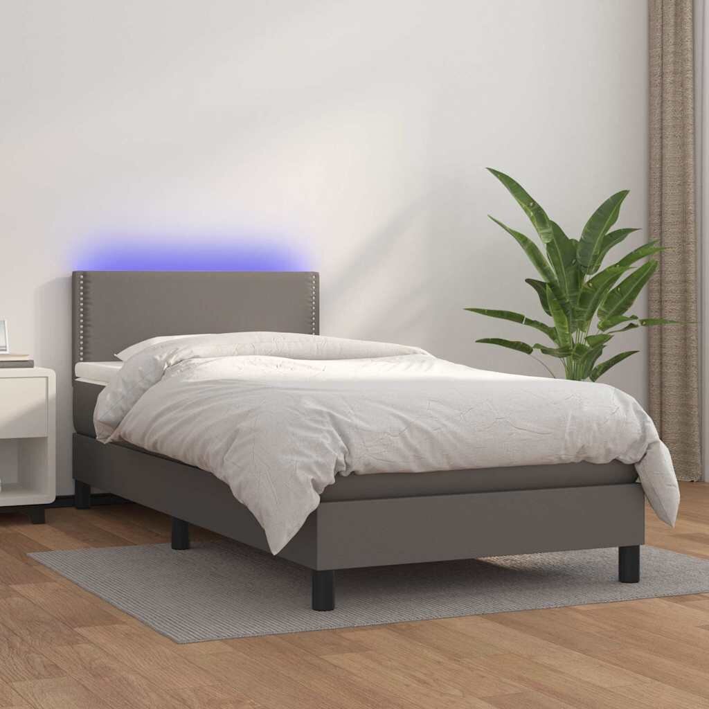 vidaXL Боксспринг легло с матрак и LED сиво 80x200 см изкуствена кожа