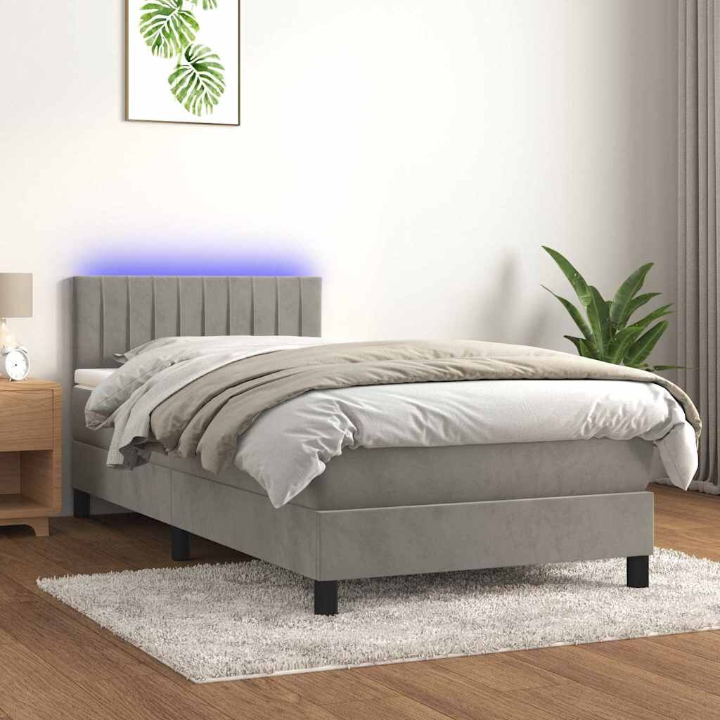 vidaXL Боксспринг легло с матрак и LED светлосиво 100x200 см кадифе