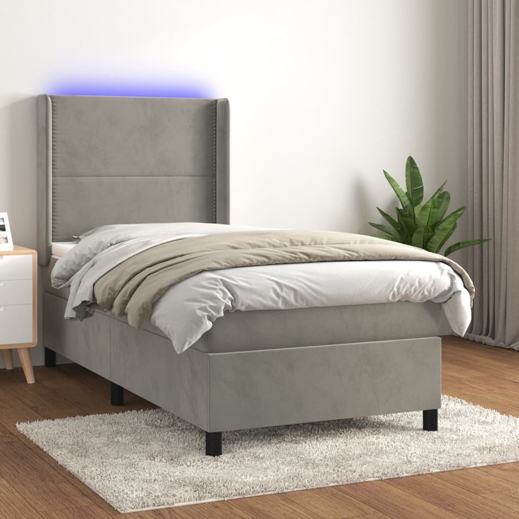 vidaXL Боксспринг легло с матрак и LED светлосиво 100x200 см кадифе