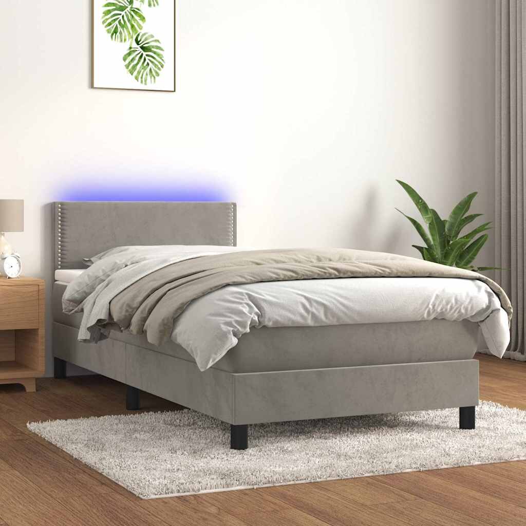 vidaXL Боксспринг легло с матрак и LED светлосиво 100x200 см кадифе