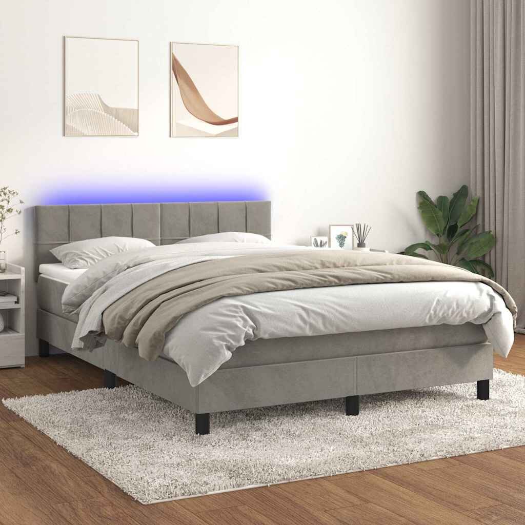 vidaXL Боксспринг легло с матрак и LED светлосиво 140x190 см кадифе